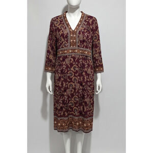 London Style Boho Dress Womens 10 Red Orange Floral Long Sleeves Midi Sheath